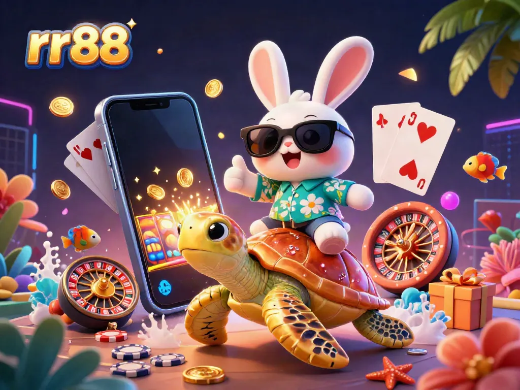 Experience the vibrant world of rr88 with a lucky rabbit enjoying gambling on a golden sea turtle.