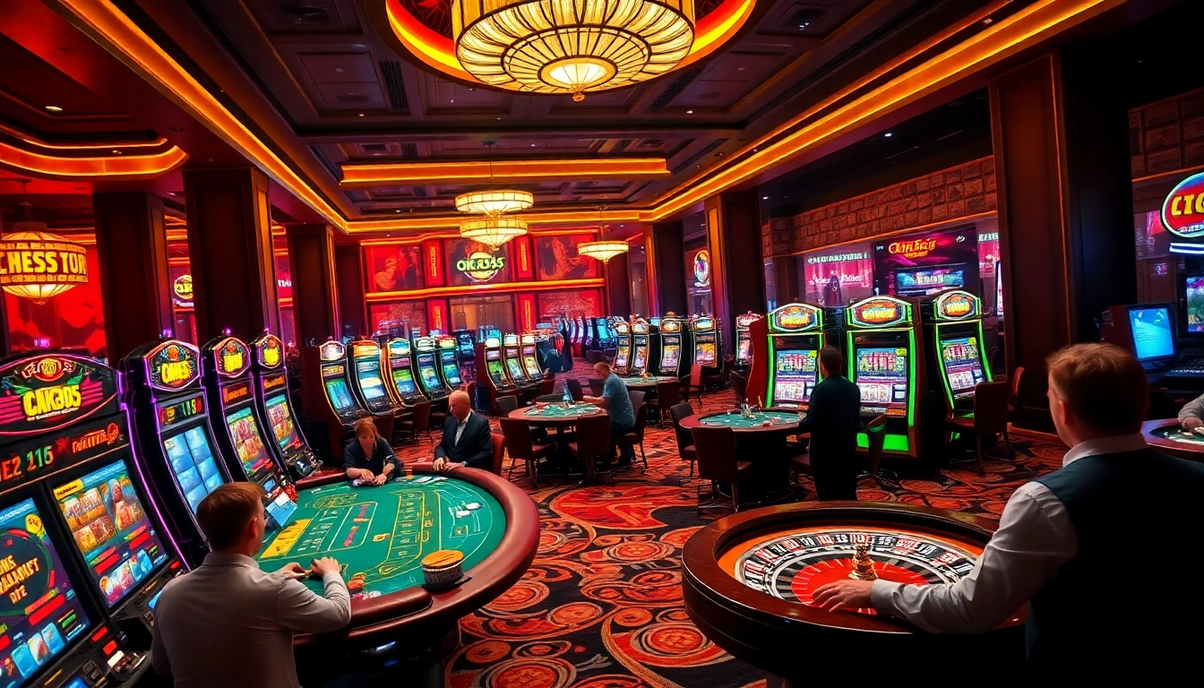 Experience the excitement of OK365 with players enjoying casino games in a luxurious setting.