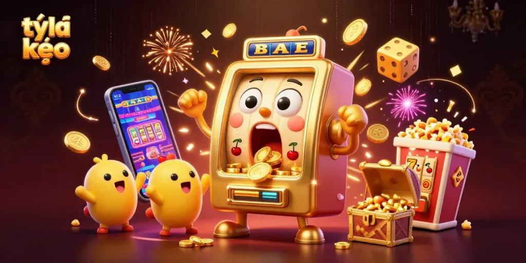 Watch the golden slot machine celebrate a jackpot win while betting with tỷ lệ kèo!