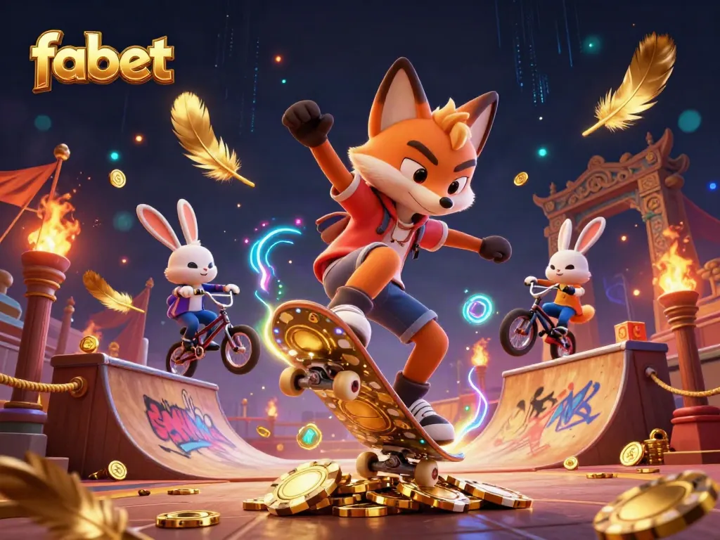 Experience vibrant fun and excitement with fabet as animated fox and rabbit take on casino-themed tricks in 3D illustration.