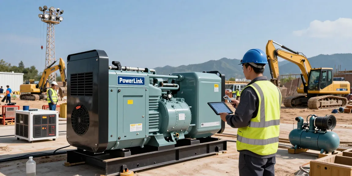 PowerLink diesel generator inspected by a technician at a busy construction site with heavy machinery.
