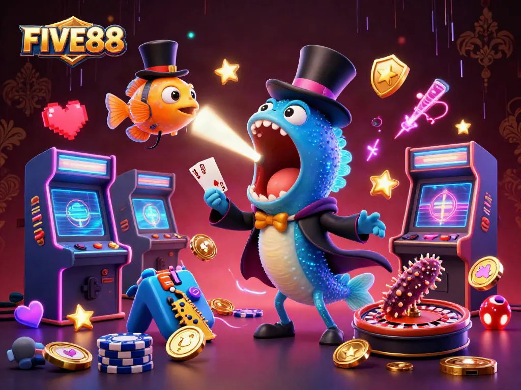 Experience winning strategies at FIVE88 with this vibrant, dynamic casino-themed 3D illustration.