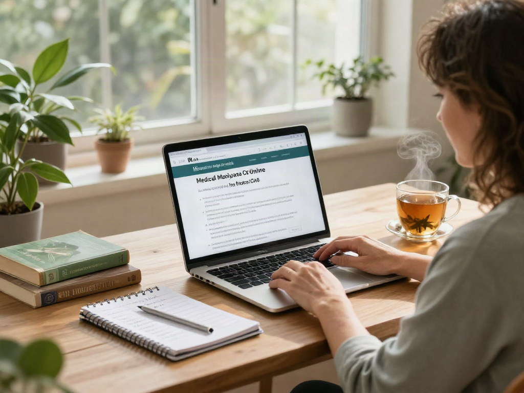Woman applying for a Medical Marijuana Card Online in a cozy home office setting, surrounded by plants and notes.