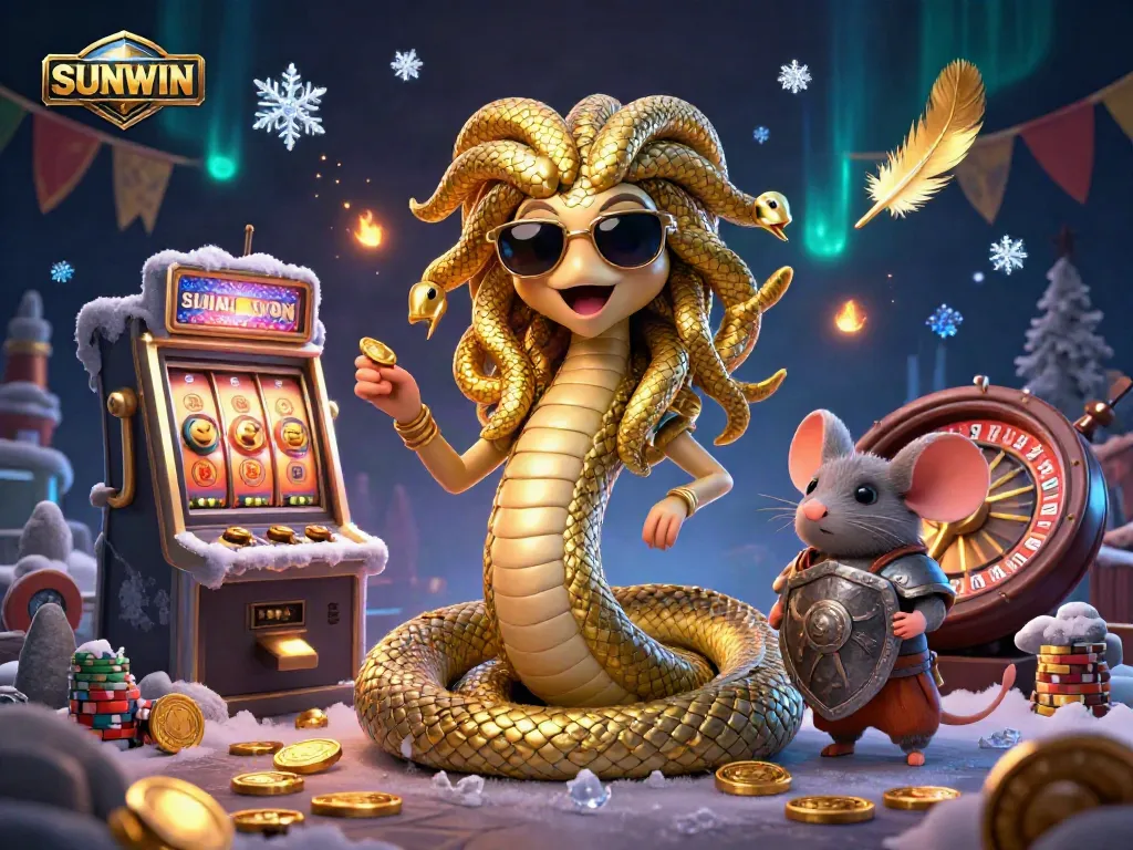 SUNWIN casino-themed illustration showing Medusa, a warrior mouse, and dynamic gaming elements.