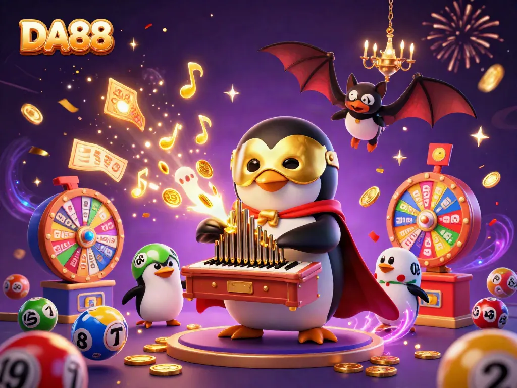 DA88 penguin playing organ rains golden coins amidst lottery elements in vibrant casino celebration.