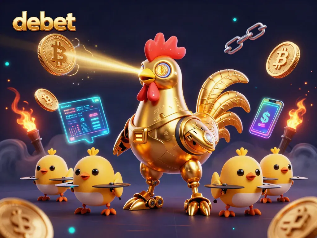Engage in exhilarating debet gaming adventures with the futuristic rooster robot and crypto elements.