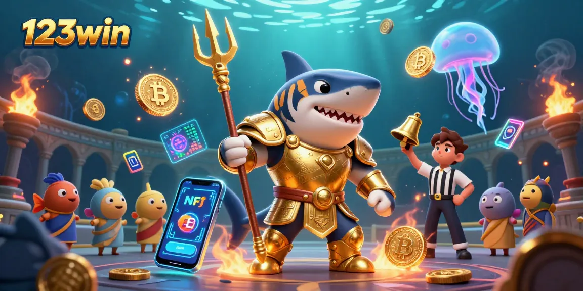 Join the action at 123win with exciting underwater casino adventures featuring a golden shark and vibrant crypto elements.