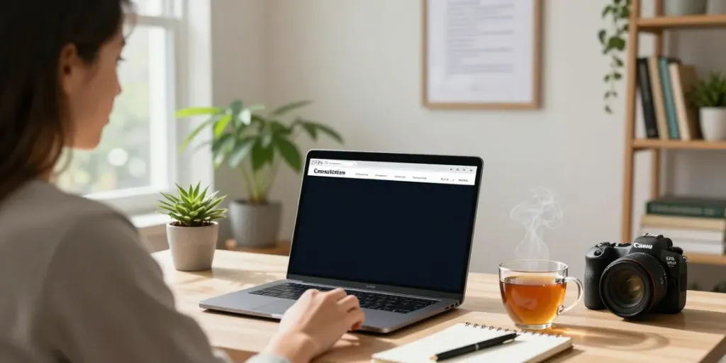 Individual researching MMJ card online in a cozy home office.