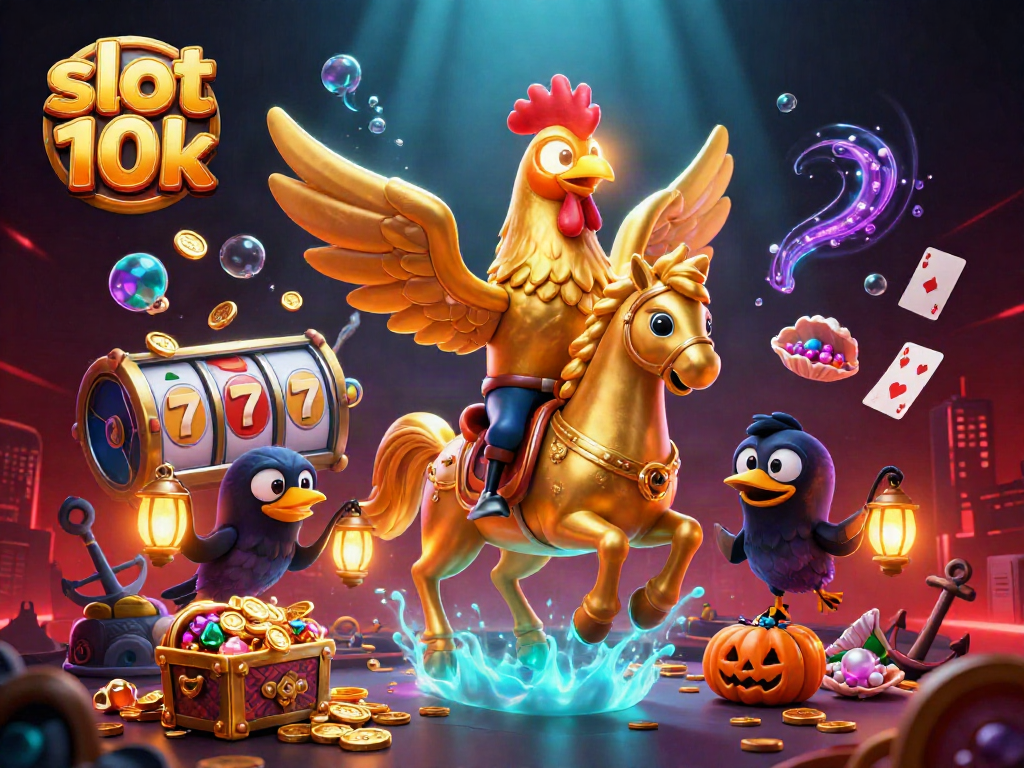 Spin slot 10k reels with a golden rooster and spooky companions in a vibrant casino scene