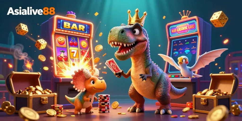Engage with the Asialive88 platform through a vibrant, dynamic casino scene featuring characters and game elements.