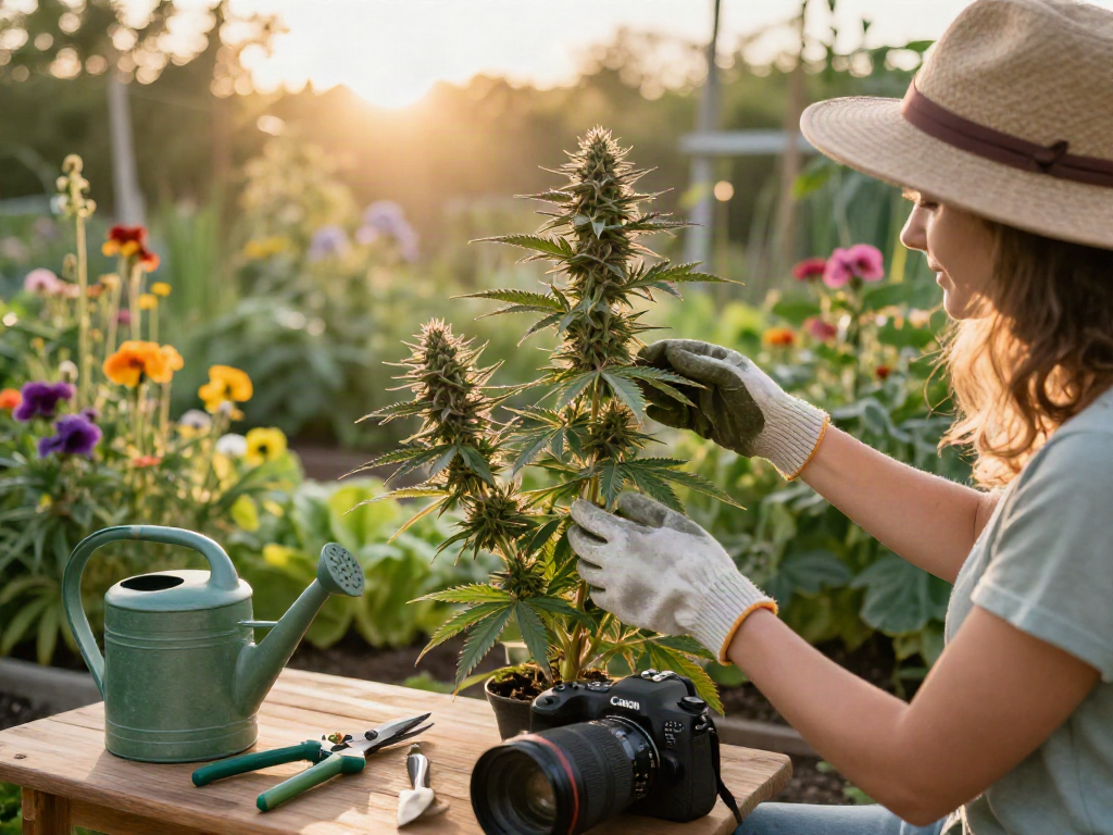 Person, die Purple Queen CBD Blüten im Garten anbaut, von Sonnenlicht umgeben, mit Gartengeräten.
