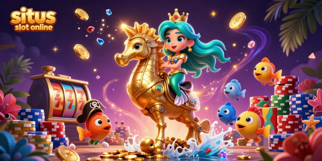 Putri duyung dan kuda laut emas beraksi dalam dunia situs slot online penuh harta dan permainan menarik.