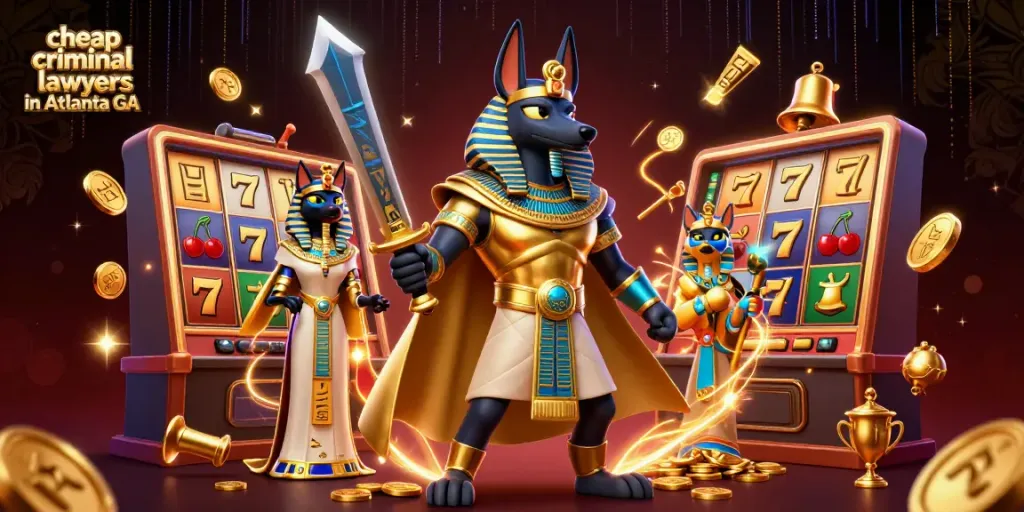 Showcasing cheap criminal lawyers in Atlanta GA amidst vibrant 3D casino elements and energetic characters.