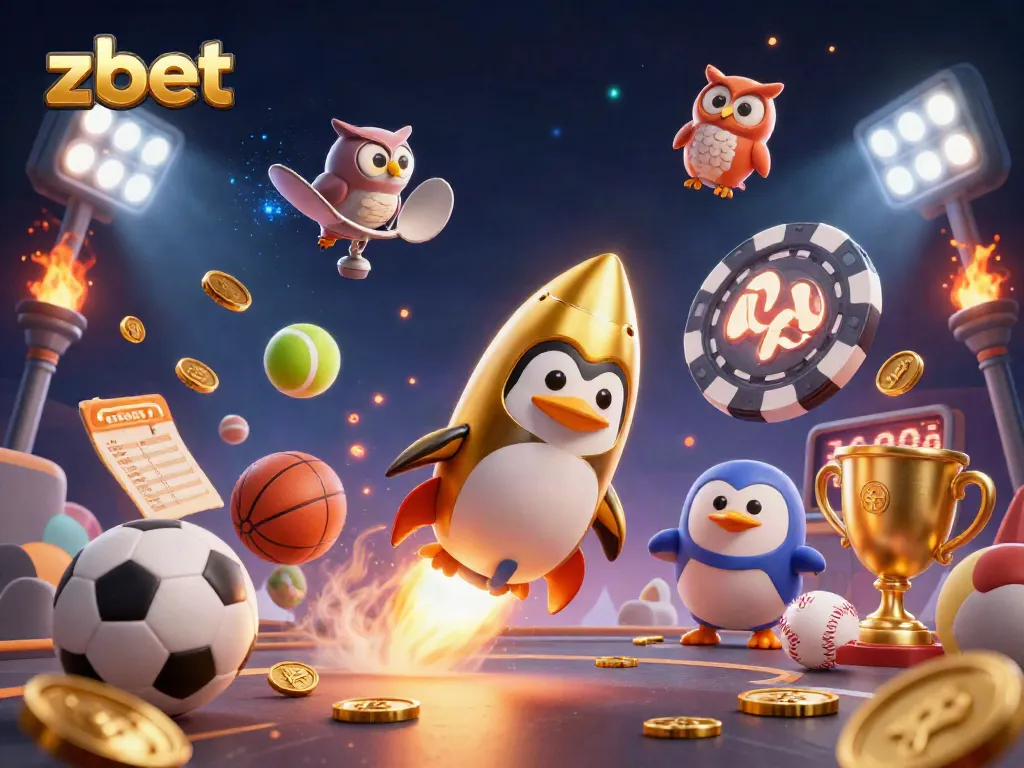 ZBET's dynamic casino illustration shows a penguin soaring to a poker chip space station amidst flying sports balls and gold.