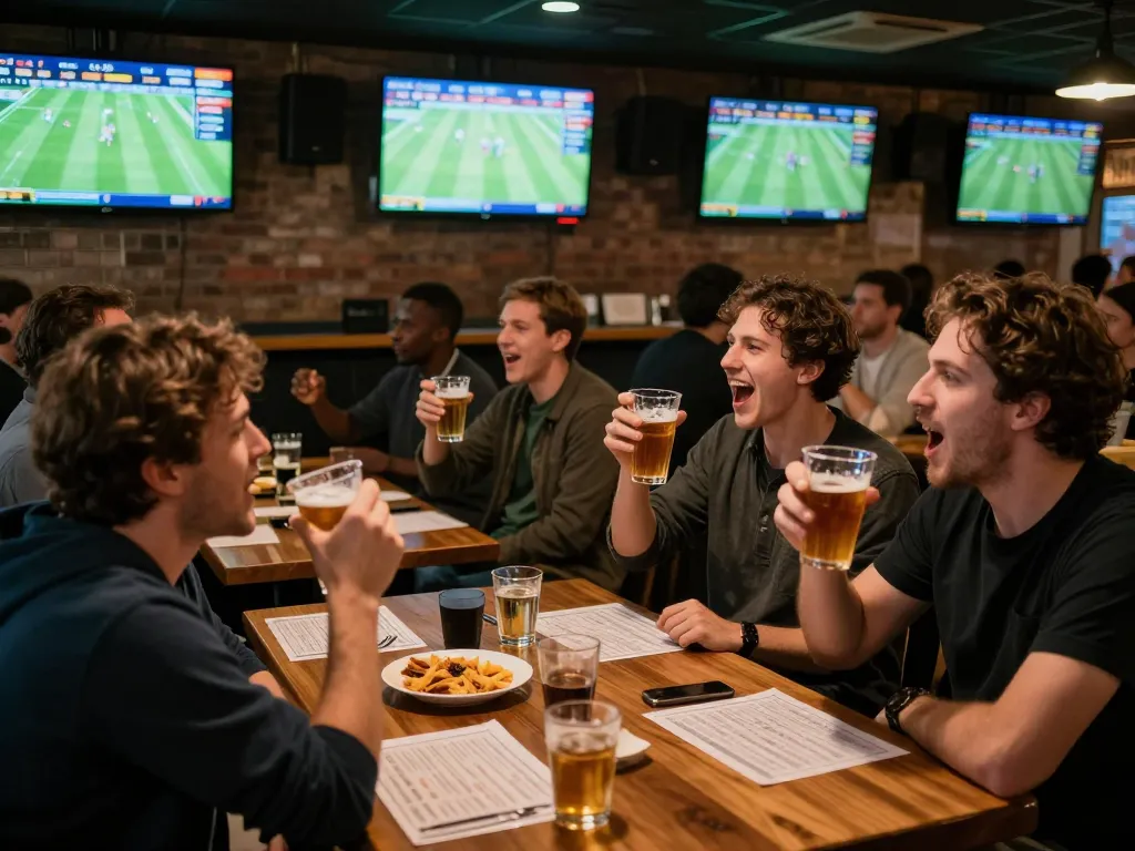 Tỷ lệ cá cược bóng đá hôm nay, sports bettors analyzing live football odds in a bustling sports bar atmosphere