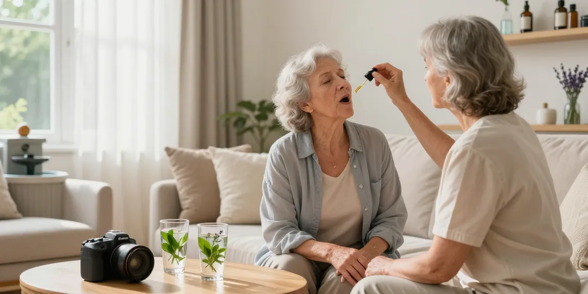 Caregiver administering premium CBD oil Canada to senior in a serene home setting.