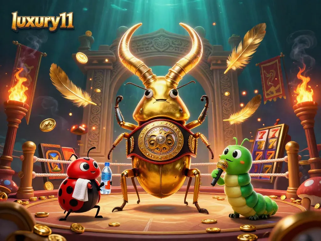 Experience thrilling action with luxury111 in a vibrant cartoon casino battle scene.
