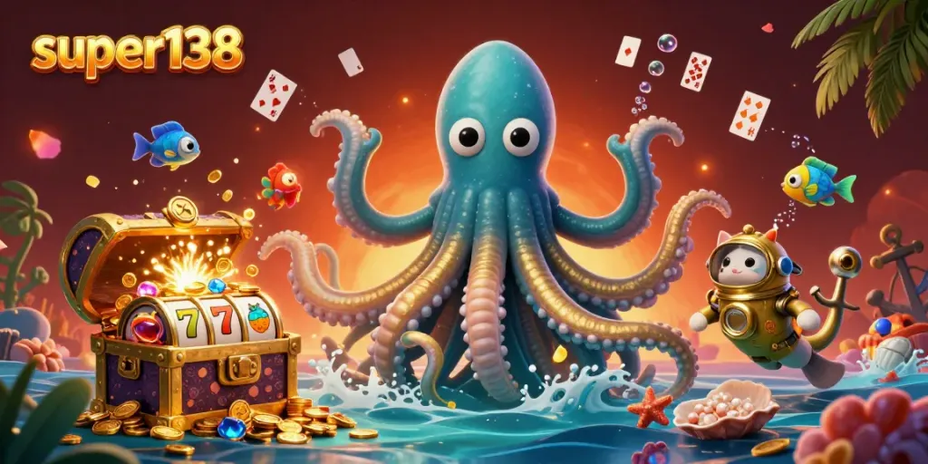 Engage with super138's thrilling slot adventure, brought to life by a colossal kraken and vintage diving cat.