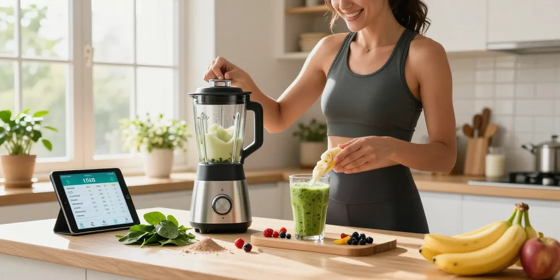 An enthusiastic individual preparing a breakfast smoothie while showcasing the best nutrition tracking app for meal planning.