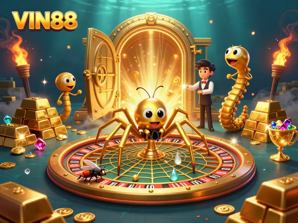 VIN88 showcases a vivid casino experience with characters betting at a roulette wheel while gems and treasures abound.