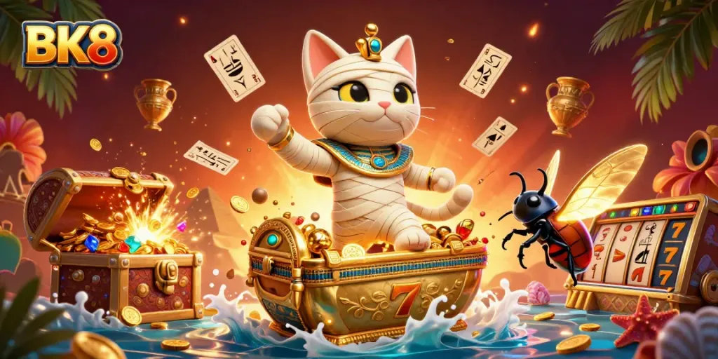 Experience thrilling gaming action with BK8's vibrant Egyptian casino scene full of golden treasures and dynamic characters.