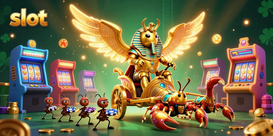 Slot gacor dengan scarab emas dan scorpion, dikelilingi mesin permainan yang berwarna-warni.