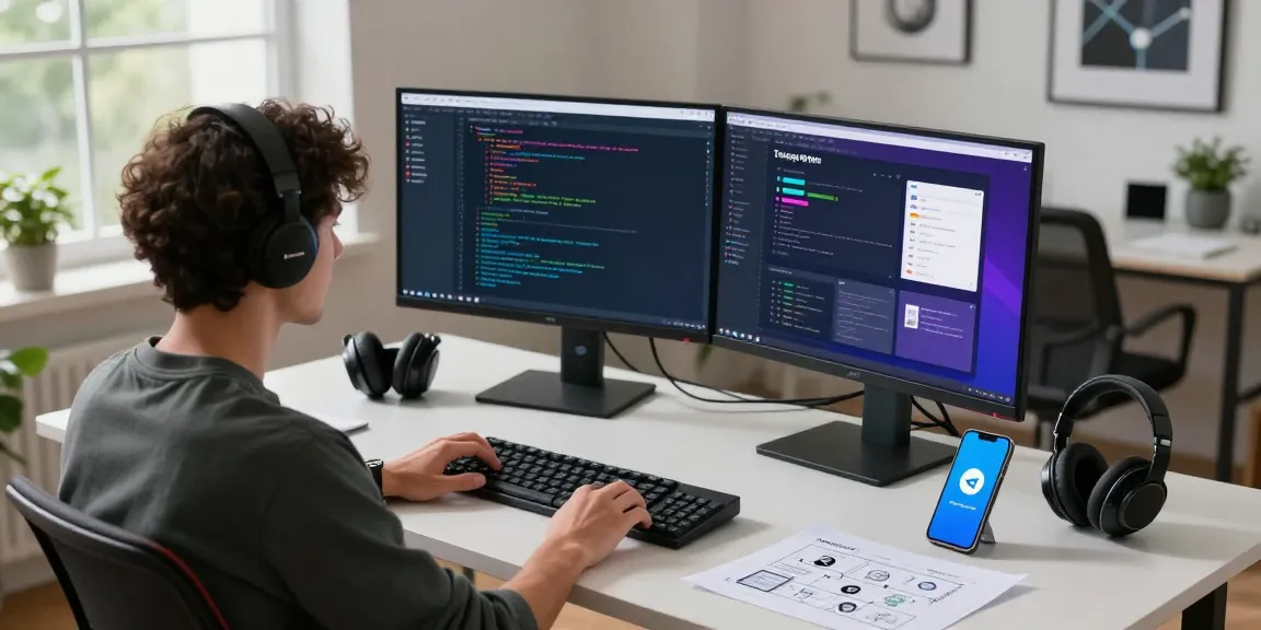 Engineer developing Telegram-based applications in modern workspace with coding screens and tech gadgets.