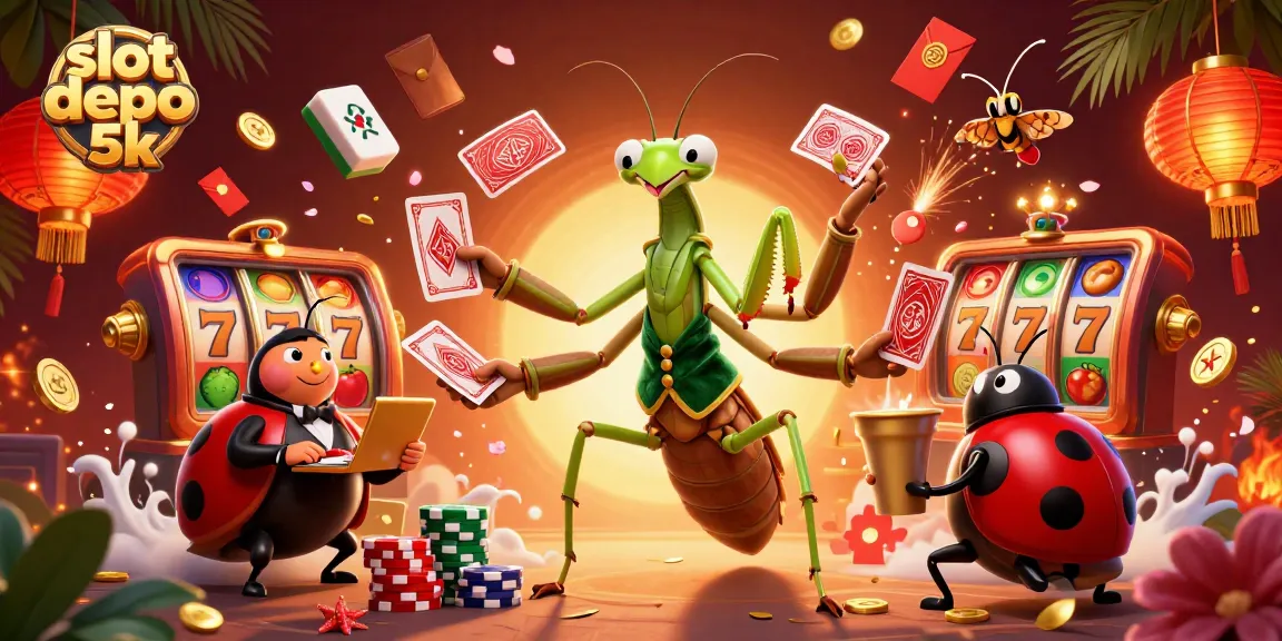Experience the excitement of slot depo 5k with vibrant characters amidst casino elements and festive visuals.