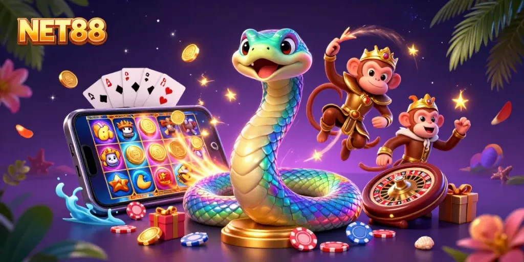 Engage with NET88 in a vibrant 3D casino scene featuring a colorful serpent and dynamic gaming elements.