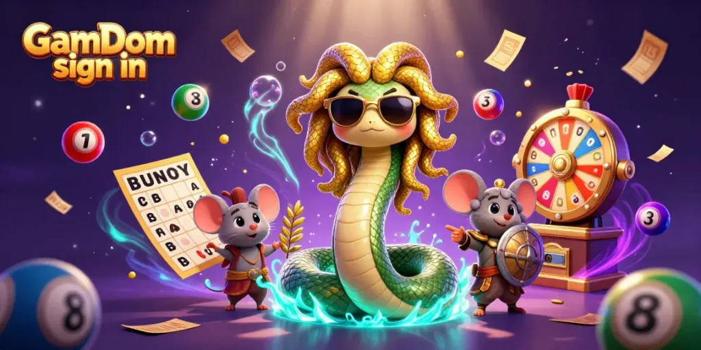 Experience GamDom sign in with a playful Medusa and a warrior mouse in a vibrant casino scene.