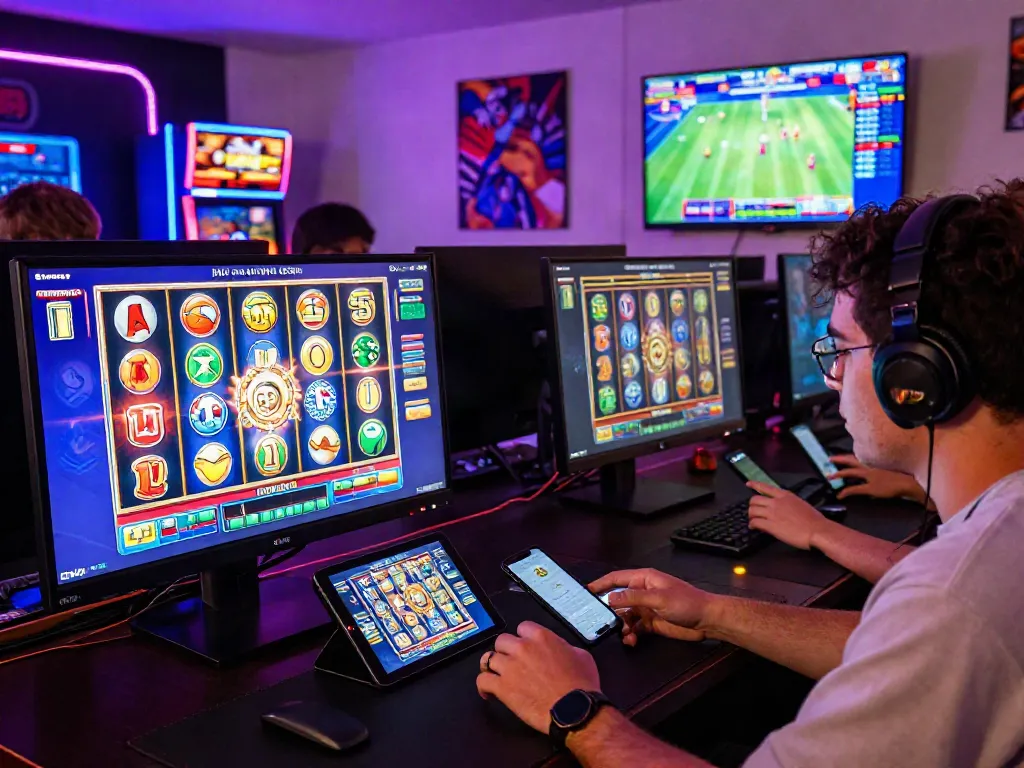 Exciting online gaming scene with slots on multiple screens and players focused on gameplay.