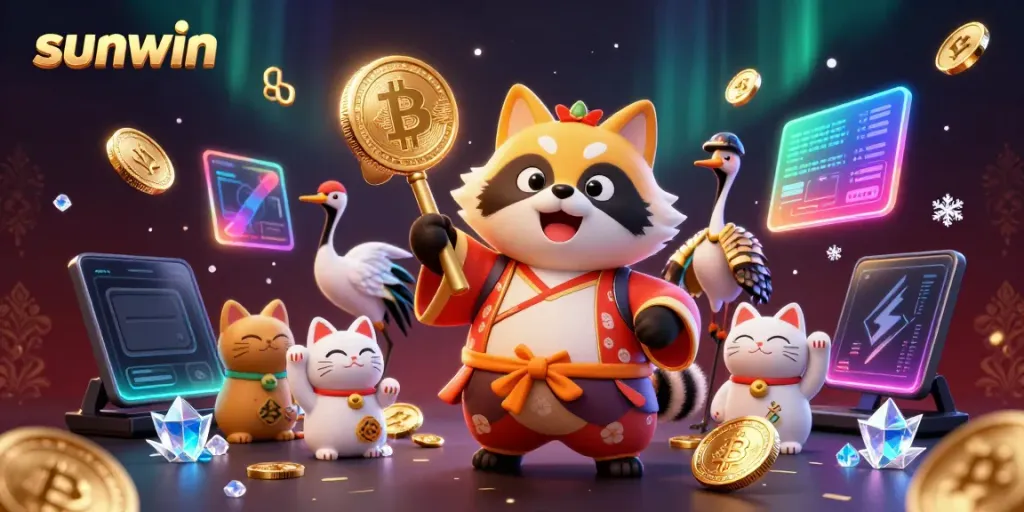 Experience the thrill of sunwin gaming with a cheerful tanuki and maneki-neko surrounded by neon-lit crypto elements.