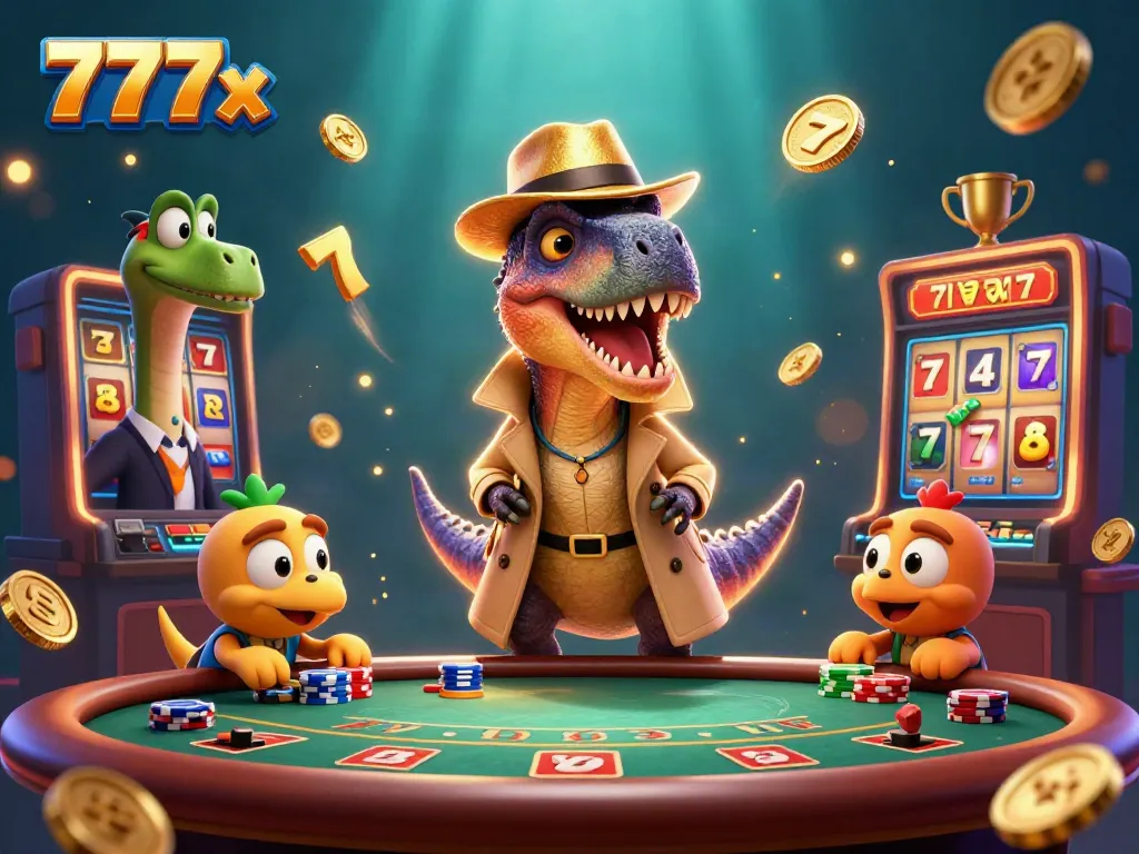 Engage with 777x casino's vibrant blackjack scene featuring a clever velociraptor card counter and lively interactions.