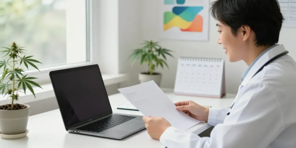 Online consultation to get medical marijuana card with a doctor assisting a patient.