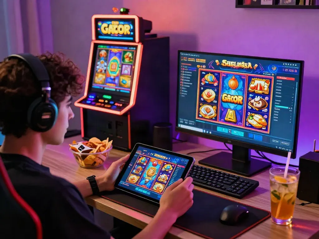 Player enjoying slot gacor games on a tablet with vibrant visuals in a cozy gaming setup.