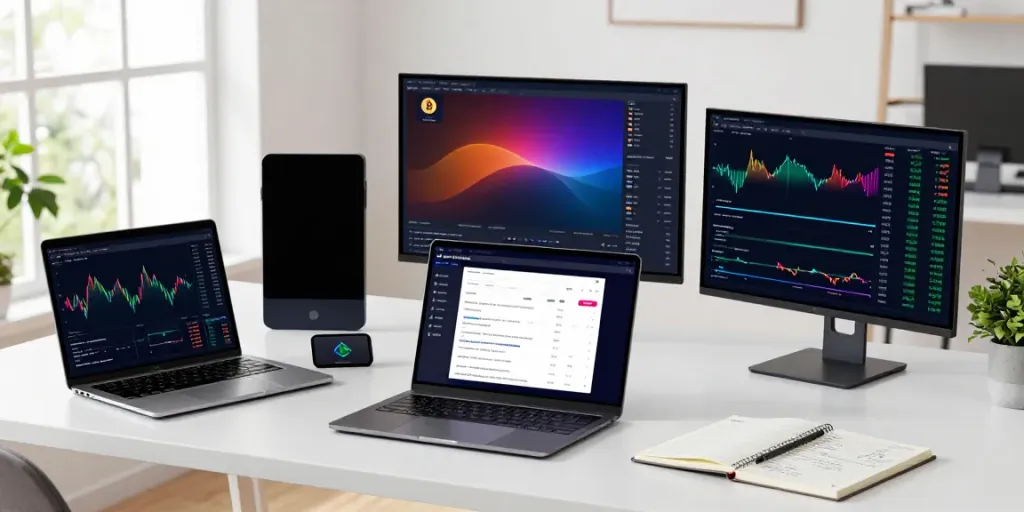 Crypto WebSocket API with live trading dashboards and digital wallet in a modern workspace.
