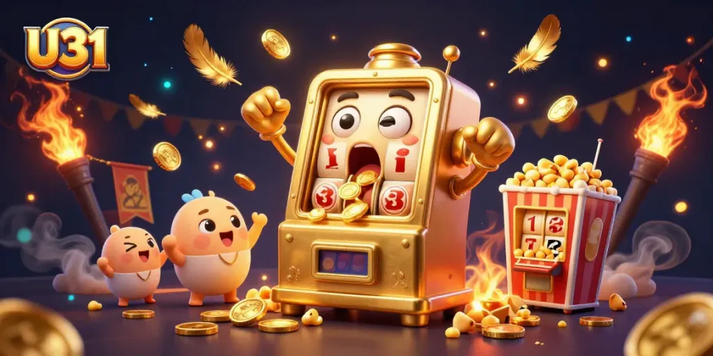 Engage with the U31 casino experience as the golden slot machine hits a jackpot amid cheering elements.