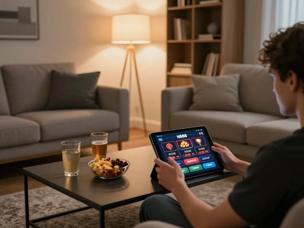 Player using HB88 casino app on a tablet in cozy living room with snacks and warm lighting.