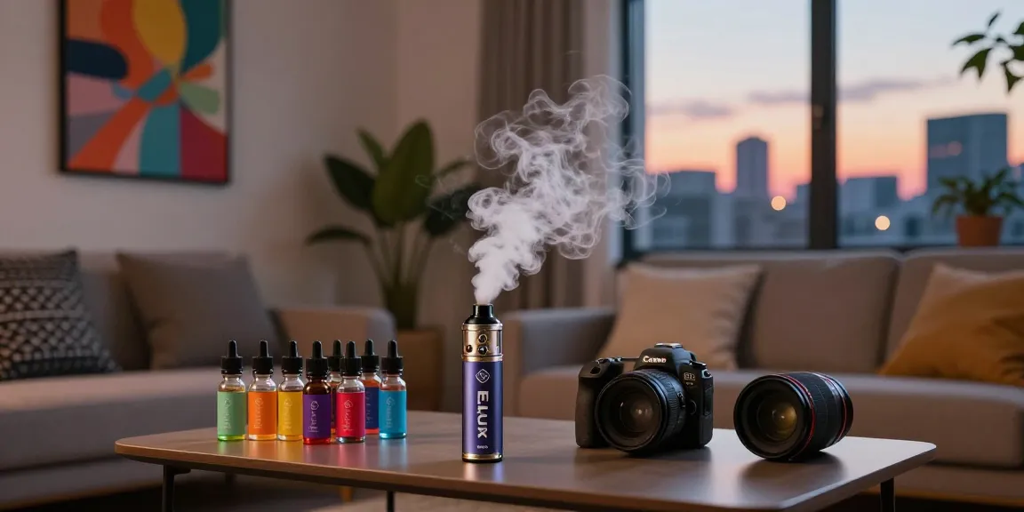 Enjoying Elux nic salt e-liquid in a cozy urban apartment with stylish decor.
