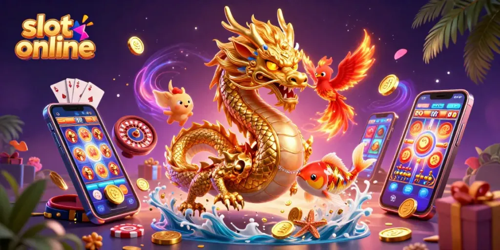 Engage with exciting slot online gameplay in a vibrant, dynamic 3D casino illustration featuring a fierce dragon.