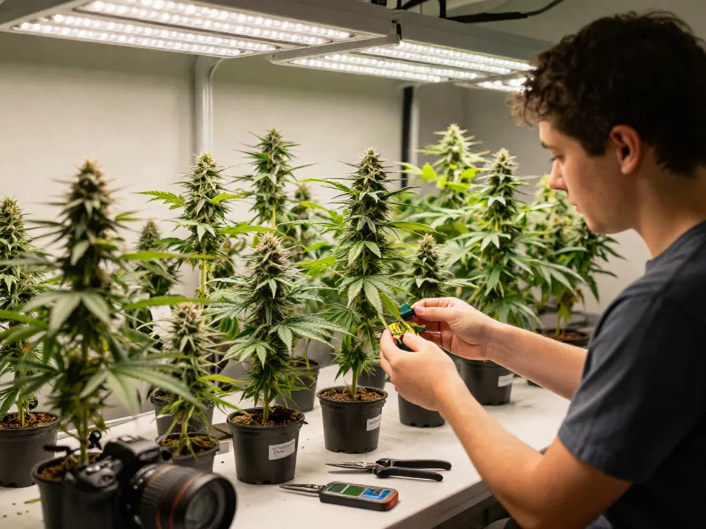 Healthy triploid cannabis plants thriving under LED lights in a professional growing environment.