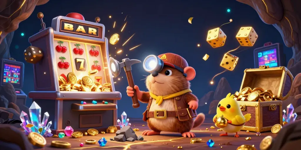 Menangkan slot dengan ilustrasi gembira utama, termasuk simbol keberuntungan dan cekungan emas.