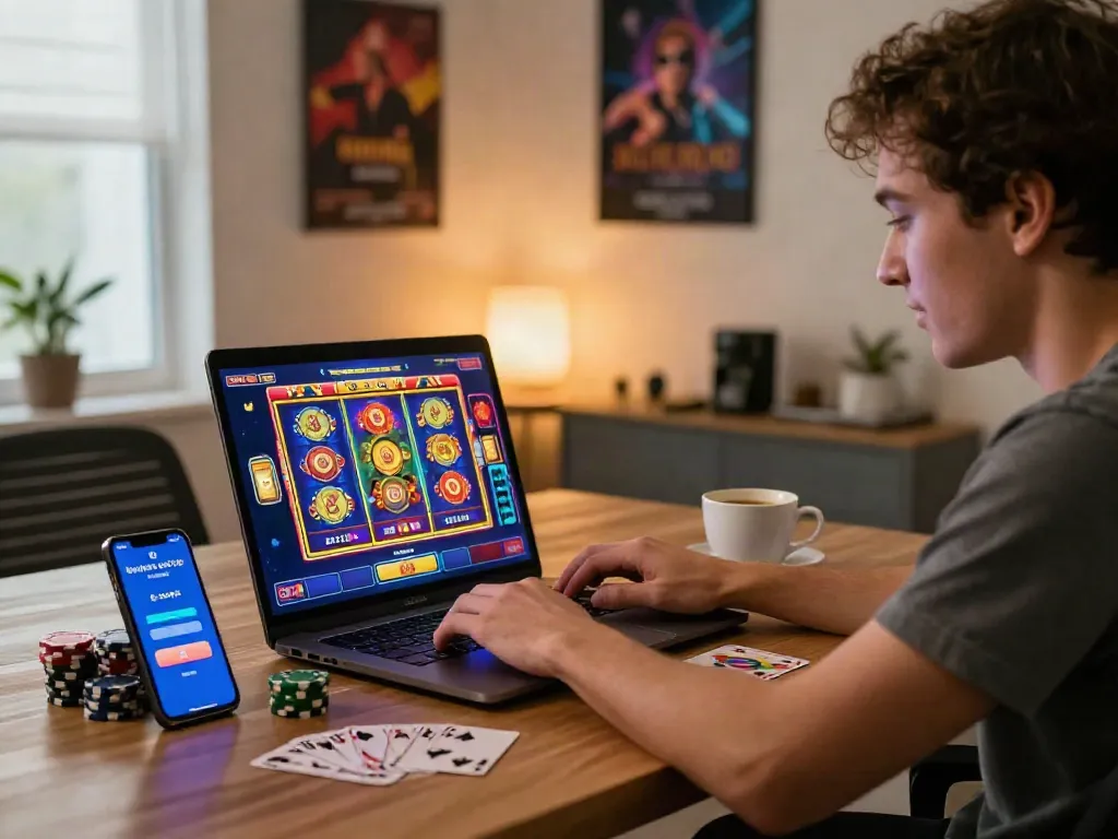 Player enjoying a thrilling slot online experience at home, utilizing an e-wallet for seamless transactions.