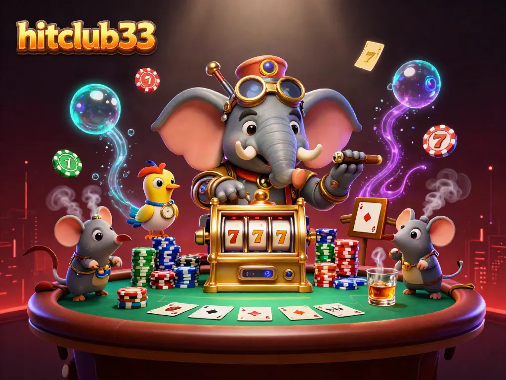 Spin to win with hitclub33 featuring a steampunk elephant operating a magical slot machine.