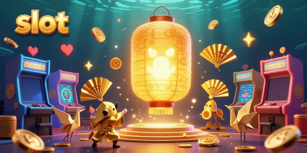 Engage with vibrant slot gaming action featuring golden lantern spirits and arcade elements.