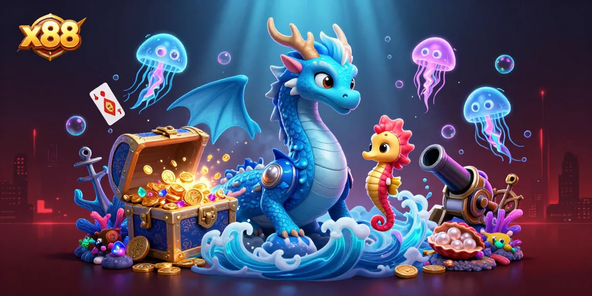 x88 online casino scene with a vibrant azure water dragon & treasures for players