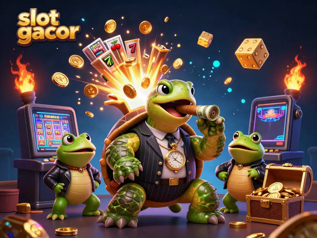 Experience the thrill of slot gacor with a snapping turtle mobster amidst jackpot winnings and vibrant casino action.