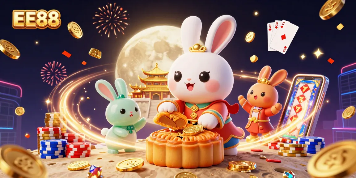 Experience the allure of EE88 with a vibrant casino scene featuring a moon rabbit, poker chips, and sparkling gems.