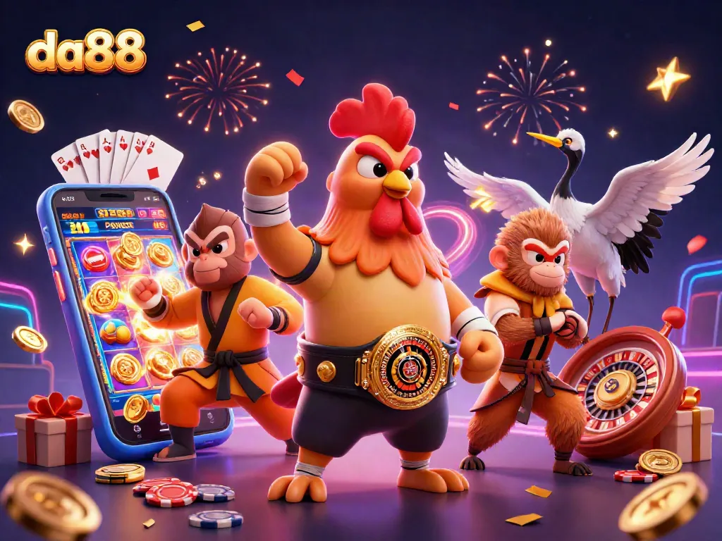 Engage in thrilling gameplay at da88 with a vibrant 3D casino scene featuring unique characters.