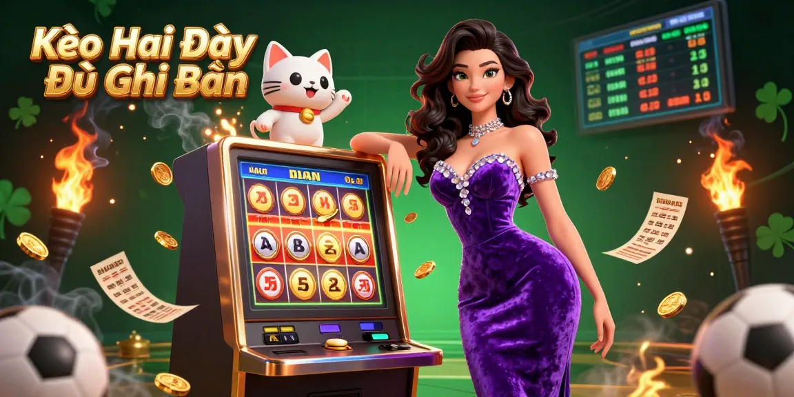 Kèo Hai Đội Đều Ghi Bàn showcases a glamorous lady on a jackpot slot machine, surrounded by footballs and betting slips.